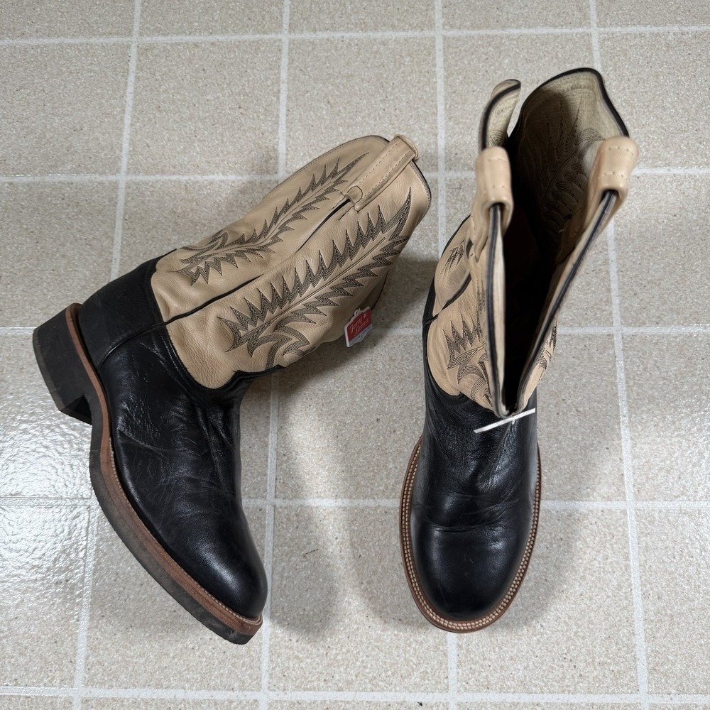 Vintage Tony Lama Black Beige Round Toe Western Cowboy Boots Men's Size 10.5